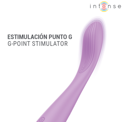 Estimulador ponto G lilás com textura e botão de ligar, texto em espanhol e inglês, marca Intense