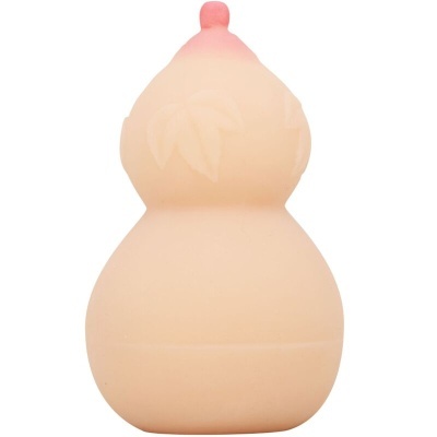 Frasco em forma de pêra cor beje com tampa cor-de-rosa e relevo de folhas