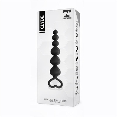 Embalagem de plugue anal beaded preto com pega em forma de coração da marca TARDE NOCHE modelo CLYDE