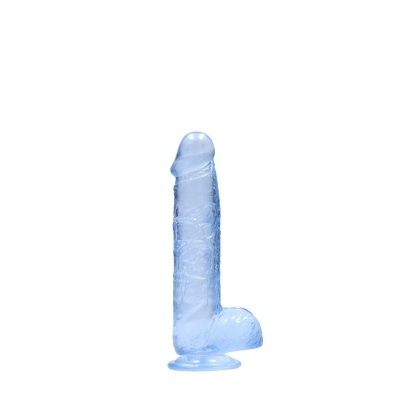 Dildo azul translúcido com base redonda em fundo branco