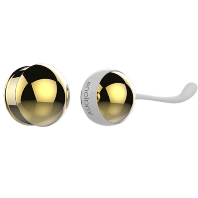 Bolas metálicas douradas e brancas refletoras com texto Aquila