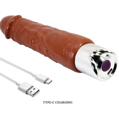 Vibrador castanho realista com base prateada e cabo USB Tipo-C