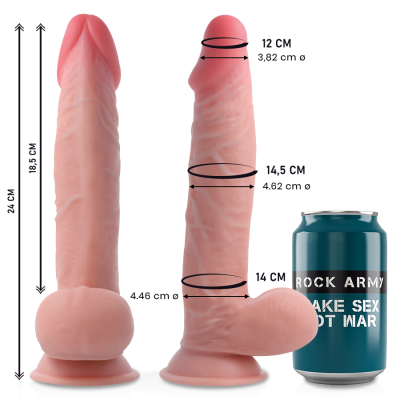 Dildos color pele com medidas e lata azul ao lado