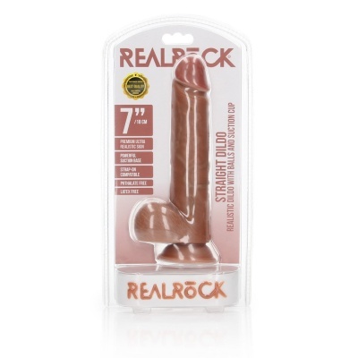 Dildo castanho realista com ventosa e testículos em embalagem transparente da marca REALROCK