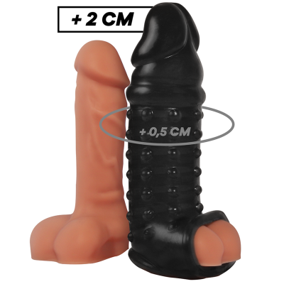 Dois produtos sexuais em forma de pénis, um bege e outro com capa preta texturizada.