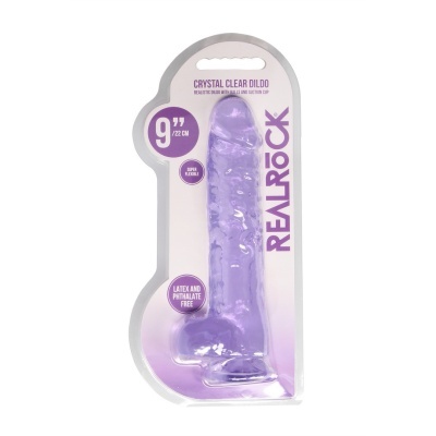 Dildo lilás transparente em embalagem com texto.