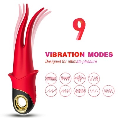 Brinquedo erótico vermelho com base preta e dourada e 9 modos de vibração