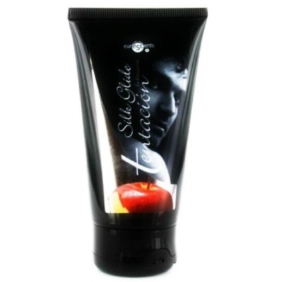Tubo preto de gel lubrificante com imagem de maçã e rosto