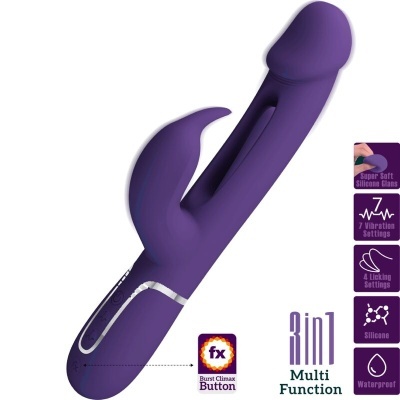 Vibrador roxo multifunções em silicone com várias configurações e botão especial
