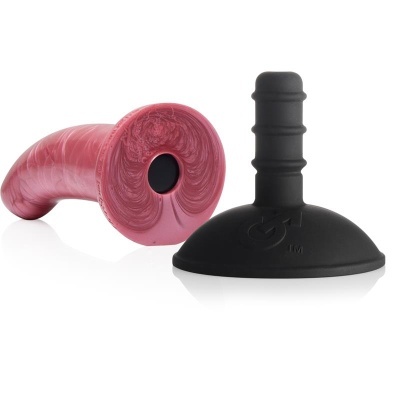 Réplica de dildo rosa com ventosa preta detalhada e símbolo masculino