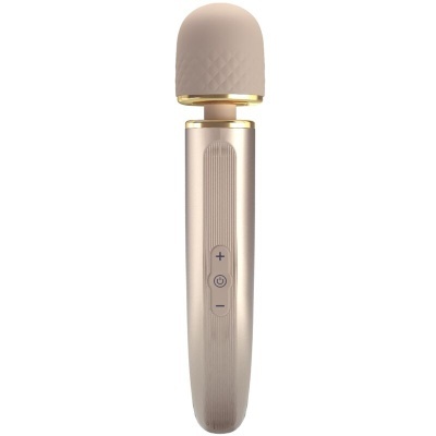 Vibrador massageador bege com detalhes dourados e botões de controlo.