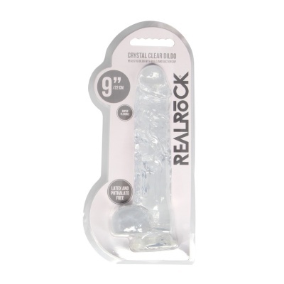 Dildo transparente realista com base de ventosa na embalagem