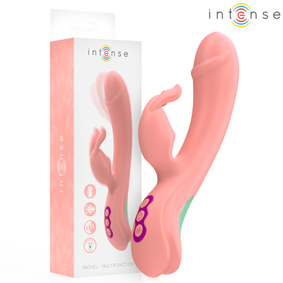 Vibrador rosa multifunções com botões roxos e verdes e embalagem da marca intense