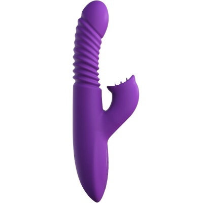 Vibrador roxo com textura ondulada e estimulador lateral