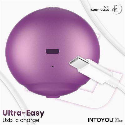 Dispositivo eletrônico roxo com conector USB-C e texto promocional