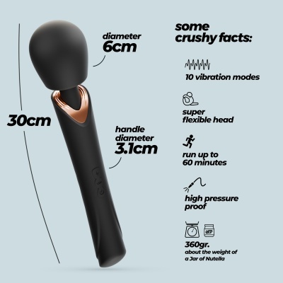 Vibrador preto com cabeça grande, detalhes dourados e texto explicativo em fundo azul