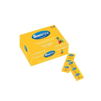 Caixa de preservativos Sensitex Tutti Frutti em amarelo com embalagens individuais