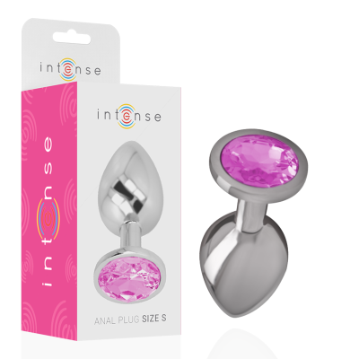 Plug anal metálico com pedra rosa e embalagem