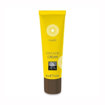 Frasco de creme amarelo com tampa castanha e texto ORGASM CREAM