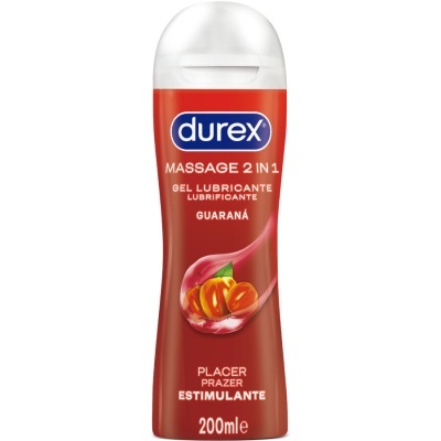 Frasco vermelho de gel lubrificante Durex Massage 2 in 1 com tampa branca e imagem de frutos de guaraná