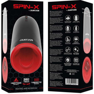 Embalagem preta e vermelha do dispositivo masculino SPIN-X da JAMYJOB em silicone com textura vermelha interior