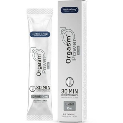 Embalagem branca de suplemento dietético líquido Orgasm Power da Medica-Group