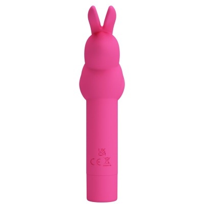 Dispositivo vibratório rosa em forma de coelho com símbolos CE e UKCA
