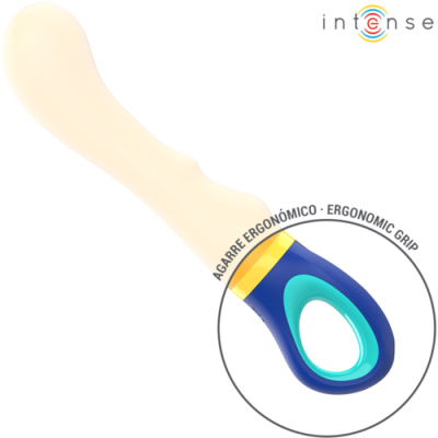 Objeto com cabo ergonómico azul e branco com texto AGARRE ERGONÓMICO · ERGONOMIC GRIP