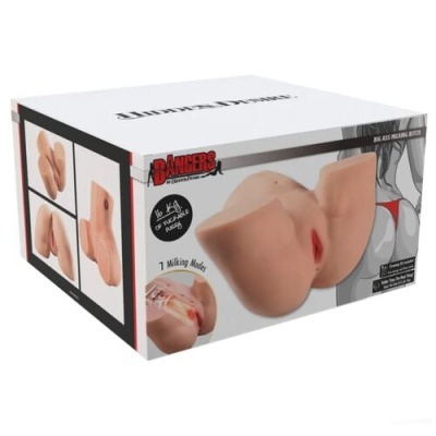 Embalagem de molde sexual em silicone cor pele com texto Bangers e BIG ASS MILKING BITCH
