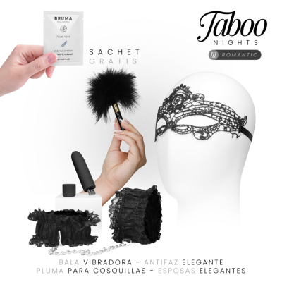 Conjunto Taboo Nights III Romantic com vibrador, máscara de renda, pluma para cócegas e algemas de renda pretas.
