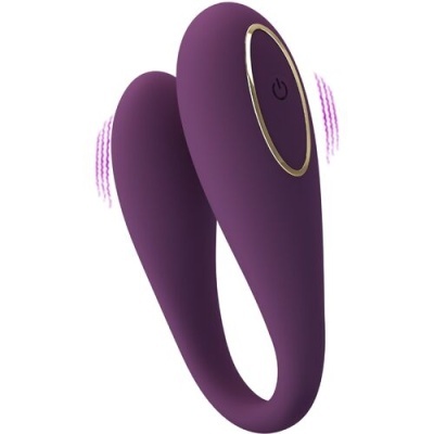 Vibrador duplo roxo em silicone com botão e contorno dourado.