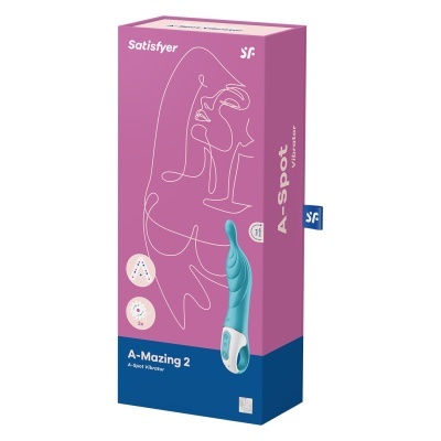 Embalagem do vibrador Satisfyer A-Mazing 2 azul com branco sobre fundo rosa e azul