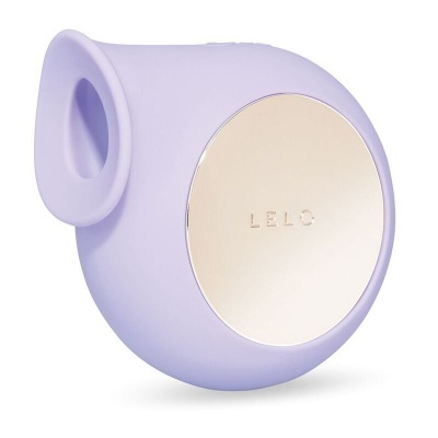Dispositivo lilás oval com superfície dourada e texto LELO