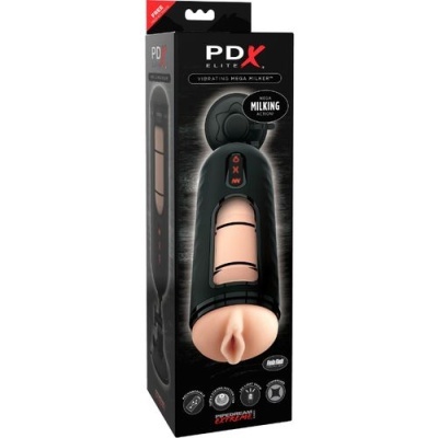 Embalagem do produto PDX Elite Vibrating Mega Milker com dispositivo de cor preta e zona simulada em tom pele