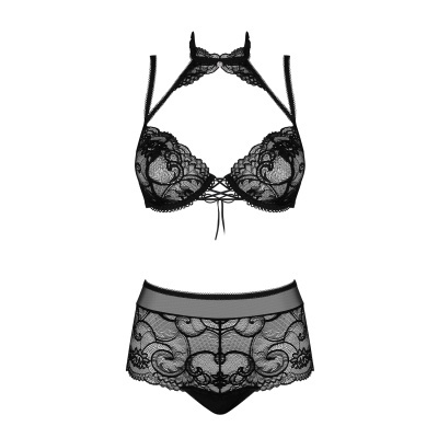Conjunto de lingerie preta em renda com padrões florais e detalhes de fita
