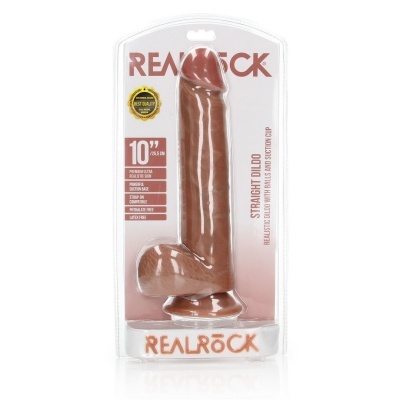 Dildo realista castanho em embalagem transparente com texto Realrock