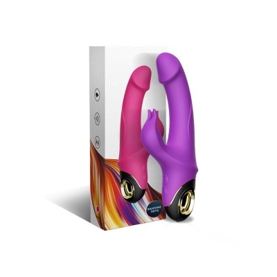 Dois vibradores em silicone rosa e roxo com embalagem colorida