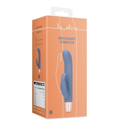 Caixa laranja com vibrador azul em destaque e texto MINI RABBIT VIBRATOR