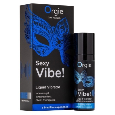 Gel íntimo vibratório Orgie Sexy Vibe! embalagem preta com detalhes azuis e brancos