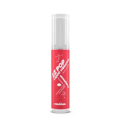 Frasco de vibrador líquido sabor morango com tampa transparente e rótulo vermelho e branco