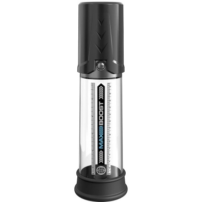Bomba manual transparente com base e tampa pretas, e texto MAX BOOST