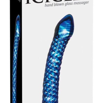 Embalagem de massageador de vidro azul texturizado da marca ICICLES