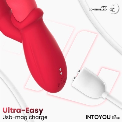 Produto vermelho com carregador USB magnético branco e texto de instruções