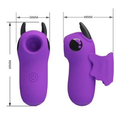 Produto roxo de silicone com chifres e asas e botão de ligar