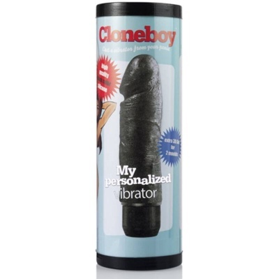 Embalagem cilíndrica de vibrador preto Cloneboy com texto e selo de qualidade