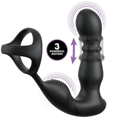 Dispositivo preto anatómico de silicone com anel e textura, indicação 3 POWERFUL MOTORS e setas roxas de movimento