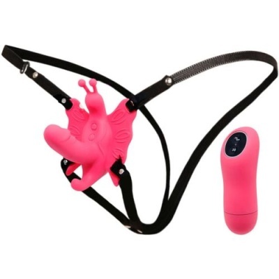 Arnês com vibrador rosa em forma de borboleta e comando remoto digital rosa