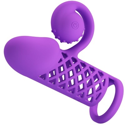Acessório roxo de silicone com padrão em rede e botão de ligar
