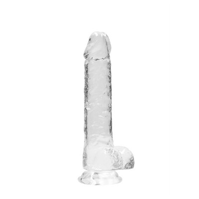 Dildo transparente com base de sucção em fundo branco