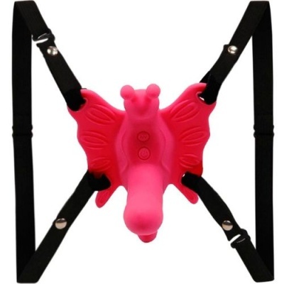 Produto em silicone rosa em forma de borboleta com alças pretas ajustáveis